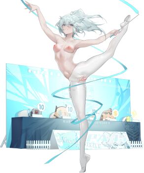 1girl absurdres artist_self-insert banana_(girls'_frontline) bianyuan_di blue_eyes blue_leotard breasts competition covered_navel derivative_work dinergate_(girls'_frontline) girls'_frontline gun hair_between_eyes handgun highleg highleg_leotard highres holster holstered judge kalina_(girls'_frontline) leotard long_hair m4_sopmod_ii_jr mab_pa-15 official_alternate_costume pa-15_(girls'_frontline) pantyhose ponytail shanyao_jiang_tororo small_breasts solo standing standing_on_one_leg thigh_holster topless_female weapon white_hair white_pantyhose