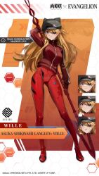 1girl adjusting_clothes adjusting_headwear animal_hat animated audible_speech black_hat blue_eyes bodysuit bodysuit_under_clothes bouncing_breasts breasts newsboy_cap cat_hat commentary crossover curvy evangelion:_3.0_you_can_(not)_redo eyepatch full_body gluteal_fold goddess_of_victory:_nikke hat hexagon highres holding holding_polearm holding_weapon honeycomb_(pattern) honeycomb_background jacket japanese_audio lance_of_longinus_(evangelion) long_hair long_legs long_sleeves looking_at_viewer mecha_pilot_suit medium_breasts neon_genesis_evangelion official_art orange_hair plugsuit_(evangelion) polearm rebuild_of_evangelion red_bodysuit science_fiction solo sound souryuu_asuka_langley spear spear_of_cassius standing tagme thick_thighs thighs turtleneck turtleneck_jacket video weapon wide_hips zipper zipper_pull_tab