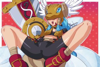 Rule 34 | 1girl, absurdres, ankle boots, artist name, bike shorts, black gloves, black tube top, blue hair, boots, braid, breasts, collarbone, covered eyes, dated, digimon, digimon (creature), gloves, helmet, helmet over eyes, highres, huge weapon, long hair, minervamon, nanaeljustice, red boots, simple background, small breasts, snake mask, solo, spread legs, strapless, sword, tongue, tongue out, tube top, twin braids, waist cape, weapon, winged helmet