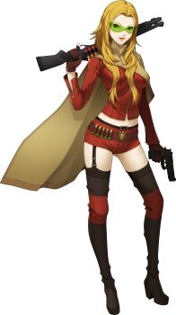 1girl absurdres ammunition boots cape doi_masayuki full_body glasses green-tinted_eyewear gun handgun highres holding holding_gun holding_weapon long_hair nozomi_(megami_tensei) official_art orange_hair over_shoulder shin_megami_tensei shin_megami_tensei_iv shin_megami_tensei_iv_final shorts shotgun shotgun_shell solo standing thigh_boots thighhighs third-party_source tinted_eyewear transparent_background trigger_discipline weapon weapon_over_shoulder