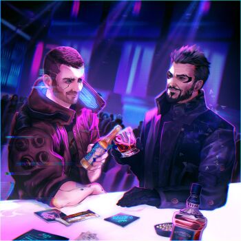 2boys 6+others adam_jensen alcohol black_coat black_gloves blue_eyes bottle brown_hair brown_jacket buzz_cut closed_mouth coat commission crossover cup cyberpunk_(series) cyberpunk_2077 cyborg deus_ex deus_ex:_human_revolution facial_hair gloves goatee highres holding holding_bottle holding_cup indoors jacket long_sleeves looking_at_another multiple_boys multiple_others second-party_source short_hair smile tholia_bentz three-quarter_sleeves toasting_(gesture) v_(cyberpunk) very_short_hair vincent_(cyberpunk) whiskey