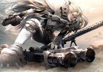 1boy absurdres ammunition_belt anti-materiel_rifle armor belt blonde_hair boots cigar cloud dr._stone explosive full_body gatling_gun gloves grenade gun handgun highres holding holding_gun holding_weapon knee_pads long_hair machine_gun male_focus mask mitsuru_(aica_hikari) mouth_hold on_one_knee open_mouth outdoors pauldrons pouch revolver rifle scar scar_on_face shoulder_armor signature sky smoke smoking sniper_rifle solo stanley_snyder_(dr.stone) teeth very_long_hair weapon white_gloves yellow_eyes
