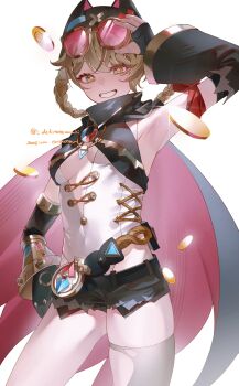 1girl blonde_hair braid braided_hair_rings breasts coin compass detached_sleeves fingerless_gloves genshin_impact gloves goggles goggles_on_head grin hair_rings hat highres jahoda_(genshin_impact) leotard micro_shorts shorts single_thighhigh small_breasts smile star-shaped_pupils star_(symbol) symbol-shaped_pupils thighhighs white_leotard yellow_eyes yukiusagi_(snowrabbit0508)