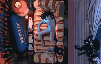 1girl animal_slippers animated animated_gif bare_legs barefoot black_cat black_eyes black_hair black_tank_top blinders blinking blue_socks bra brown_slippers bunny_slippers cable cat closed_mouth commentary congming33 couch english_commentary expressionless from_above full_body indoors lamp living_room medium_hair netflix original pale_skin panties shirt short_sleeves slippers socks solo static striped_bra striped_clothes t-shirt tank_top television underwear unworn_bra unworn_shirt unworn_slippers unworn_socks white_panties white_shirt white_sleeves