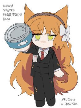 1girl animal_ears arm_up black_jacket black_pants black_suit black_vest bow bow_hairband brown_hairband can canned_fish chibi closed_mouth collared_shirt dot_mouth dot_nose fish formal_clothes freckles full_body green_eyes hairband highres holding holding_can id_card ishmael_(project_moon) jacket jitome kemonomimi_mode korean_text limbus_company long_hair long_sleeves necktie open_clothes open_jacket orange_hair pants project_moon red_necktie riri5650b shirt simple_background solo suit tail very_long_hair vest white_background white_bow white_shirt
