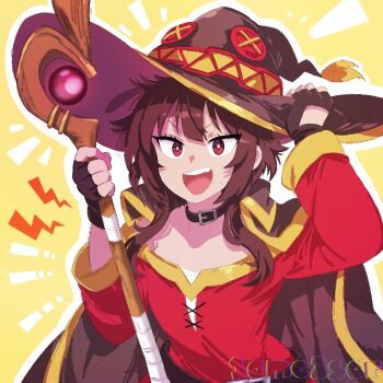 1am_c3sar 1girl artist_logo belt_collar brown_eyes brown_gloves brown_hair brown_hat collar commentary emphasis_lines fingerless_gloves gloves hat holding holding_staff kono_subarashii_sekai_ni_shukufuku_wo! logo looking_at_viewer medium_hair megumin open_mouth red_shirt shirt solo staff teeth upper_teeth_only witch_hat