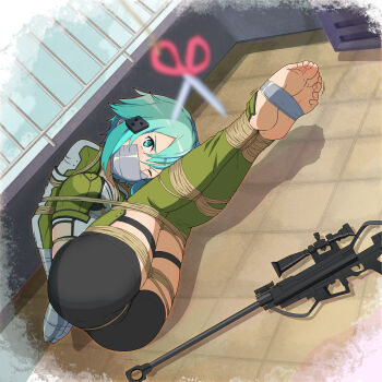 1girl absurdres angry anti-materiel_rifle arms_behind_back ass bdsm blue_eyes blue_hair bolt_action bondage bound bound_arms bound_legs bound_torso breasts cleavage cropped_jacket duct_tape feet female_focus floor full_body gag gagged glaring green_jacket green_leg_warmers green_leggings guard_rail gun hair_between_eyes hair_ornament hairclip highleg highleg_leotard highres improvised_gag jacket leg_warmers leggings legs legs_together leotard long_sleeves medium_breasts motion_lines one_eye_closed open_clothes open_jacket outdoors pgm_hecate_ii predicament_bondage rifle rooftop rope scissors short_hair short_hair_with_long_locks short_shorts shorts sidelocks sinon skin_tight skindentation sniper_rifle soles solo struggling sword_art_online tape tape_bondage tape_gag taped_hands thigh_strap thighhighs thighs tiedtiki tile_floor tiles trembling trembling_legs weapon white_leotard wince