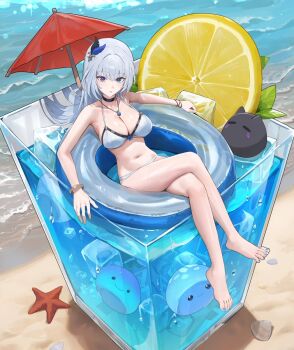 1girl armpits bangle bare_arms bare_legs bare_shoulders barefoot beach bikini black_choker blue_eyes bracelet breasts choker cleavage commentary_request crossed_legs feet front-tie_bikini_top front-tie_top hair_ornament halterneck heterochromia highres hood_(james_x) in_container innertube jewelry korean_commentary large_breasts long_hair looking_at_viewer mongil:_star_dive navel necklace ophelia_(mongil:_star_dive) parted_lips purple_eyes solo stomach strap_gap string_bikini swim_ring swimsuit thighs toes umbrella white_bikini white_hair