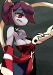animated assisted_exposure breasts cleavage collar detached_collar detached_sleeves leviathan_(skullgirls) lowres monster_girl pulling purple_hair red_eyes shirt side_ponytail skullgirls squigly_(skullgirls) stitched_mouth stitches striped_clothes striped_shirt syedoll undressing upper_body video zombie