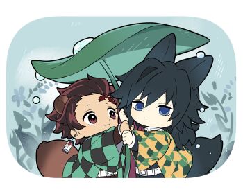 2boys animal_ears belt black_hair black_jacket blue_eyes brown_hair chibi chibi_only closed_mouth commentary demon_slayer_uniform earrings hanafuda_earrings haori high_collar jacket japanese_clothes jewelry kamado_tanjirou kikkoumon kimetsu_no_yaiba long_hair low_ponytail male_focus multiple_boys ponytail print_haori red_haori short_hair smile spiked_hair symbol-only_commentary tail tomioka_giyuu white_belt yanzhan