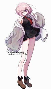 1girl absurdres black_dress commentary_request dress fate/grand_order fate_(series) full_body glasses grey_jacket hair_over_one_eye harukappa highres jacket looking_at_viewer mash_kyrielight necktie pink_eyes pink_hair red_necktie short_dress short_hair simple_background sleeveless sleeveless_dress solo standing white_background