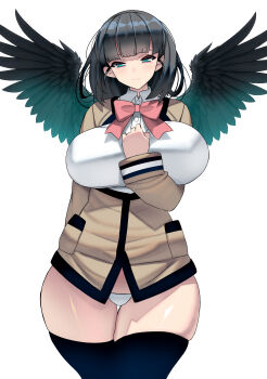 absurdres black_hair black_wings blue_eyes blunt_bangs bow breasts commentary_request fallen_angel feathered_wings highres huge_breasts kouno_(masao) long_hair no_pants original panties pink_bow shirt skindentation thighhighs underwear white_background white_panties white_shirt wings