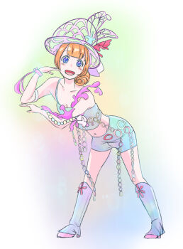 1girl absurdres blue_eyes blush boots character_request coral_hair_ornament dancer disney earrings fashionable_easter hair_bun hair_ornament happy hat highres jewelry orange_hair shiny_clothes shorts smile sorcery321