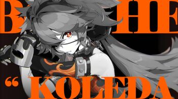 1girl absurdres armlet asymmetrical_gloves bandaid bandaid_on_arm bandaid_on_face bare_shoulders black_background black_gloves character_name collar copyright_name detached_sleeves elbow_gloves eyepatch fingerless_gloves gloves grey_hair hair_between_eyes highres incredibly_absurdres jewelry koleda_belobog long_hair looking_at_viewer metal_collar mindscape_cinema_(zenless_zone_zero) mismatched_gloves monochrome official_art one_eye_covered orange_eyes parted_lips red_eyes simple_background single_detached_sleeve single_elbow_glove sleeveless solo spot_color sweat teeth text_background twintails uneven_gloves upper_body v-shaped_eyebrows zenless_zone_zero