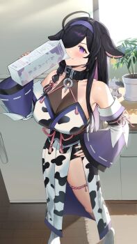 1girl ahoge animal_ears animal_print bare_shoulders belt_collar black_collar black_hair blush braid breasts cleavage_cutout clothing_cutout collar colored_inner_hair cow_ears cow_girl cow_print cow_tail detached_sleeves drinking ear_tag from_above full_body hair_over_one_eye hair_ribbon hairband hand_on_own_hip highres holding holding_milk_carton isami_mocochi japanese_clothes kimono kitchen large_breasts legs_apart long_hair long_sleeves milk_carton mole mole_under_eye multicolored_hair nijisanji obi obijime one_eye_covered parted_bangs pink_ribbon plant potted_plant print_kimono purple_eyes purple_hair purple_hairband purple_sleeves refrigerator ribbon ribbon-trimmed_sleeves ribbon_trim rug sash see-through_cleavage see-through_clothes side_braid side_slit sidelocks single_braid smile socks solo standing streaked_hair stuffed_animal stuffed_toy sweatdrop tabi tail tassel thigh_strap virtual_youtuber white_socks wide_sleeves window wooden_floor yagyu_shino