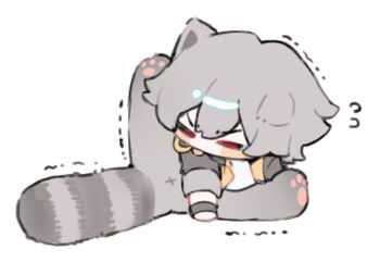 1boy animal_ears black_coat blush caelus_(honkai:_star_rail) chibi chibi_only chinese_commentary closed_eyes coat commentary_request flying_sweatdrops full_body grey_hair hair_between_eyes honkai:_star_rail honkai_(series) kemonomimi_mode leg_up leonrui long_sleeves male_focus open_clothes open_coat raccoon_ears raccoon_tail shirt short_hair simple_background solo t-shirt tail tongue tongue_out trailblazer_(honkai:_star_rail) trembling v-shaped_eyebrows white_background white_shirt