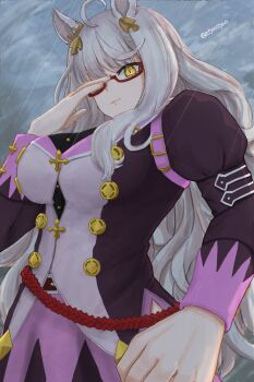 1girl animal_ears atyattyan biwa_hayahide_(pf._winning_equation...)_(umamusume) biwa_hayahide_(umamusume) ear_ornament from_below glasses grey_hair highres horse_ears horse_girl jacket juliet_sleeves long_hair long_sleeves looking_at_viewer puffy_sleeves purple_jacket rain red-framed_eyewear semi-rimless_eyewear solo twitter_username umamusume under-rim_eyewear yellow_eyes