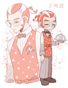 1boy :o apron black_bow black_bowtie bow bowtie closed_eyes full_body glasses grey_pants grisham_(pokemon) holding holding_tray looking_at_viewer lower_eyelashes_only male_focus minashirazu multicolored_hair multiple_views nintendo orange_apron orange_hair orange_theme pants pokemon pokemon_legends:_z-a ponytail short_ponytail smile solo tray two-tone_hair upper_body white-framed_eyewear white_hair yellow_eyes