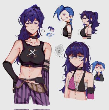 ... 2girls anger_vein arcane:_league_of_legends arcane_jinx arm_at_side asahina_mafuyu asymmetrical_bangs bikini bikini_top_only black_choker blue_hair blue_neckerchief braid breasts chest_sarashi choker cleavage closed_mouth collarbone corrupted_twitter_file cosplay costume_switch cowboy_shot crop_top cropped_legs cropped_torso elbow_gloves fingerless_gloves gloves grey_background hair_between_eyes hair_down half-closed_eyes hand_on_own_hip hashtag-only_commentary high_ponytail highres jewelry jinx_(league_of_legends) jitome kid_sppinarl large_breasts league_of_legends long_hair looking_at_viewer midriff multiple_girls navel neckerchief necklace pants pink_eyes ponytail project_sekai purple_eyes purple_hair purple_pants sarashi sidelocks simple_background small_breasts speech_bubble spoken_ellipsis striped_clothes striped_pants sweat swimsuit thought_bubble translation_request upper_body