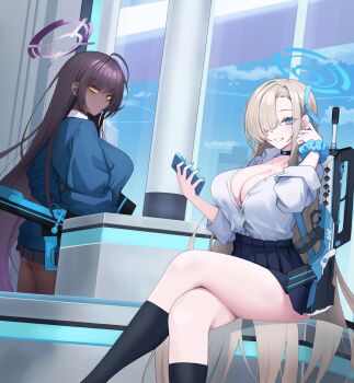 2girls absurdres ahoge assault_rifle asuna_(blue_archive) asuna_(school_uniform)_(blue_archive) black_hair black_socks blonde_hair blue_archive blue_cardigan blue_eyes blue_halo blue_skirt breasts bullpup cardigan cellphone choker cleavage collarbone crossed_legs dark-skinned_female dark_skin famas funky_dea1er gradient_hair gun hair_over_one_eye halo highres holding holding_phone karin_(blue_archive) karin_(school_uniform)_(blue_archive) large_breasts long_hair looking_at_viewer multicolored_hair multiple_girls parted_lips phone purple_hair purple_halo rifle scrunchie shirt sitting skirt sleeves_rolled_up socks thighs very_long_hair weapon white_shirt wrist_scrunchie yellow_eyes