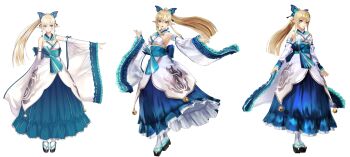 1girl 3d bare_shoulders blonde_hair blue_eyes breasts cleavage dress earrings elf female_focus hair_ornament highres japanese_clothes jewelry kirika_towa_alma long_dress long_hair medium_breasts official_art okobo platform_clogs platform_sandals pointy_ears ponytail reference_sheet ribbon sandals shining_(series) shining_resonance simple_background solo tony_taka