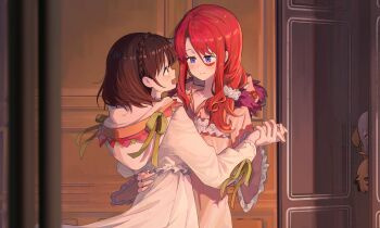 4girls absurdres anisphia_wynn_palettia black_hair blonde_hair braid chinese_commentary closed_mouth commentary_request commission crown_braid dancing dress euphyllia_magenta grey_hair hand_on_another&#039;s_waist highres holding_hands hooded_dress ilia_coral indoors lainie_cyan long_hair looking_at_another medium_hair multiple_girls night open_mouth pajamas pink_dress purple_eyes red_eyes red_hair second-party_source smile tensei_oujo_to_tensai_reijou_no_mahou_kakumei white_dress ydpfa yuri