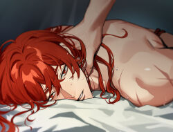 Rule 34 | 1boy, arms behind back, bed sheet, bound, bound wrists, diluc (genshin impact), eriimyon, extra arms, genshin impact, hair between eyes, hand on another&#039;s nape, hand on another&#039;s neck, long hair, looking at viewer, lying, male focus, nude, on stomach, parted lips, red eyes, red hair, scar, scar on arm, sweatdrop, teeth