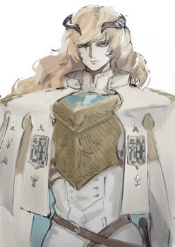 Rule 34 | 1boy, armor, belt, blonde hair, breastplate, brown belt, cape, closed mouth, coat, collared cape, cowboy shot, gold armor, grey eyes, highres, horns, long hair, looking at viewer, louis (metaphor: refantazio), male focus, metaphor: refantazio, multiple belts, popped collar, samerkgk, simple background, solo, swept bangs, white background, white cape, white coat