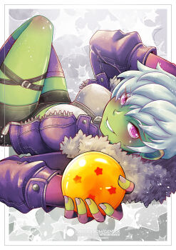 1girl absurdres artist_name belt black_shorts breasts cheelai colored_skin dragon_ball dragon_ball_(object) dragon_ball_super fingerless_gloves fur-trimmed_jacket fur_trim gensox gloves green_skin grey_background grey_nails highres holding_orb jacket knees_up lying medium_breasts midriff on_back open_clothes open_jacket patreon_logo pink_gloves purple_eyes purple_socks short_hair short_shorts shorts single_thighhigh smile socks solo thigh_belt thigh_strap thighhighs watermark web_address white_hair zipper
