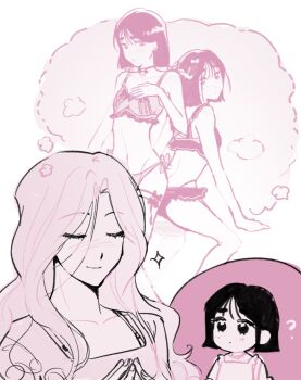 2girls ? alien_stage bingwocky bra closed_eyes commentary english_commentary frilled_bra frills hand_on_own_chest highres imagining limited_palette lingerie long_hair mizi_(alien_stage) multiple_girls panties short_hair speech_bubble sua_(alien_stage) thought_bubble underwear yuri