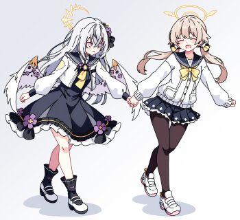 Rule 34 | 2girls, absurdres, angel wings, azusa (blue archive), black dress, black sailor collar, black skirt, black socks, blonde hair, blue archive, blush, bow, bowtie, brown pantyhose, cardigan, closed eyes, commentary, crescent halo, dress, flower, full body, grey hair, hair flower, hair ornament, halo, hifumi (blue archive), highres, holding hands, jacket, long hair, long sleeves, miniskirt, multiple girls, open clothes, open jacket, open mouth, pantyhose, pioartstuff, purple eyes, purple flower, sailor collar, school uniform, shoes, skirt, smile, sneakers, socks, twintails, very long hair, white cardigan, white jacket, white shoes, white wings, wings, yellow bow, yellow bowtie, yellow halo