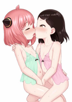 2girls ahoge anya_(spy_x_family) atg_(wttoo0202) babydoll bandaid bandaids_on_nipples becky_blackbell belly black_hair blush bottomless brown_eyes kodomo_doushi closed_eyes collarbone commentary_request feet_out_of_frame french_kiss hair_ornament kiss loli multiple_girls pasties pink_hair see-through_clothes simple_background spy_x_family sweat tongue tongue_out white_background yuri