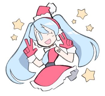 1girl arm_tattoo bare_shoulders blue_eyes blue_hair blue_necktie christmas commentary double_v dress earmuffs english_commentary fur-trimmed_dress fur-trimmed_gloves fur-trimmed_headwear fur_trim gloves hat hatsune_miku light_blush necktie number_tattoo one_eye_closed open_mouth red_dress red_gloves red_hat santa_costume santa_dress santa_hat sleeveless sleeveless_dress smile solo starrymarii tattoo twintails upper_body v vocaloid white_background