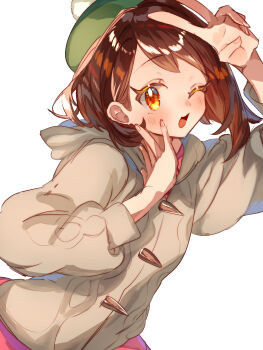 1girl :d absurdres bob_cut brown_eyes brown_hair cardigan commentary commentary_request dress gloria_(pokemon) godouyu_(neisukun) green_hat grey_cardigan hair_behind_ear hand_on_own_cheek hand_on_own_face hands_up hat highres hood hooded_cardigan nintendo one_eye_closed open_mouth partial_commentary pink_dress pokemon pokemon_swsh smile solo tam_o'_shanter v white_background
