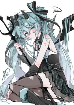 1girl absurdres aqua_eyes aqua_hair arm_warmers bat_wings black_arm_warmers black_boots black_skirt black_thighhighs blush boots commentary demon_girl demon_horns hair_between_eyes hatsune_miku highres holding holding_polearm holding_weapon horns long_hair looking_at_viewer number_tattoo polearm ria_art see-through_skirt_layer shoulder_tattoo signature simple_background skirt tattoo thighhighs torn_clothes torn_thighhighs trident vocaloid weapon white_background wings