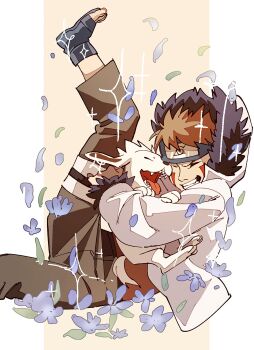 Rule 34 | akamaru (naruto), animal, animal hug, black boots, blue flower, boots, brown hair, brown pants, closed eyes, dog, facial mark, flower, forehead protector, fur-trimmed hoodie, fur trim, grin, highres, hood, hoodie, inuzuka kiba, konohagakure symbol, naruto (classic), naruto (series), open-toe boots, open mouth, pants, pnpk 1013, short hair, smile, teeth, white dog, white hoodie