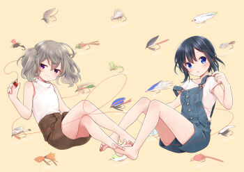 2girls :o ahoge arm_at_side bare_arms bare_legs bare_shoulders barefoot beige_background black_hair blue_eyes blue_overalls blush breast_pocket brown_skirt c: casual closed_mouth crossed_legs denim dot_nose english_text eyes_visible_through_hair feet fish_hook fishing_lure floating_hair from_side green_background grey_hair hair_between_eyes hair_ornament hand_up high-waist_skirt high_collar highres holding holding_string hook invisible_chair jitome knees_together_feet_apart knees_up legs looking_at_viewer looking_to_the_side medium_hair minagi_hiyori miniskirt multiple_girls off_shoulder official_art overall_shorts overalls parted_lips pocket purple_eyes shirt shirt_tucked_in short_hair short_sleeves sitting skirt sleeveless sleeveless_turtleneck slow_loop smile soles spool strap_slip string t-shirt thighs thread toes turtleneck twintails uchino_maiko upshorts upskirt wavy_hair white_shirt x_hair_ornament yoshinaga_koi