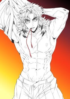 1boy abs arms_behind_head cow facial_scar forked_eyebrows gradient_background hakama hakama_pants highres japanese_clothes kimetsu_no_yaiba long_hair male_focus mouth_hold muscular muscular_male pants parted_bangs rengoku_kyoujurou renptuii05 ribbon ribbon_in_mouth scar scar_on_arm scar_on_cheek scar_on_face sidelocks solo topless_male veiny_stomach