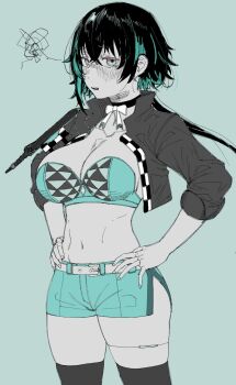 1girl black_hair black_jacket black_thighhighs bow bra breasts choker cleavage collarbone cowboy_shot eui_666 girls&#039;_frontline girls&#039;_frontline_2:_exilium green_background green_bra green_hair green_shorts hand_on_own_hip jacket knife knife_sheath large_breasts looking_at_viewer multicolored_eyes multicolored_hair navel official_alternate_costume parted_lips race_queen sheath short_shorts shorts simple_background solo stomach strapless strapless_bra thighhighs underwear weapon zhaohui_(girls&#039;_frontline_2) zhaohui_(superspeed_chequer)_(girls&#039;_frontline_2)
