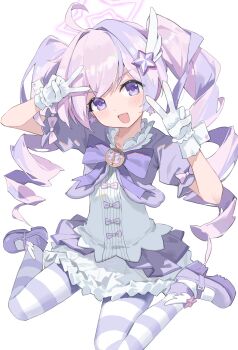1girl absurdres blue_archive blush bow double_v drill_hair fang5hine gloves hair_ornament halo highres jacket long_hair looking_at_viewer multicolored_hair official_alternate_costume official_alternate_hairstyle open_mouth purple_bow purple_eyes purple_hair purple_halo purple_jacket purple_shoes purple_skirt purple_thighhighs reisa_(blue_archive) reisa_(magical)_(blue_archive) shirt shoes short_sleeves sidelocks skirt solo star_(symbol) star_hair_ornament striped_clothes striped_thighhighs thighhighs twin_drills two-tone_hair v white_gloves white_shirt wing_hair_ornament