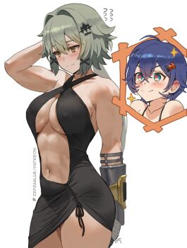 2girls abs aqua_eyes arm_up belle_(summer_skies)_(zenless_zone_zero) belle_(zenless_zone_zero) biceps blue_hair blush breasts caesar_king_(zenless_zone_zero) closed_mouth collarbone commentary covered_erect_nipples cowboy_shot crossed_bangs flying_sweatdrops green_hair hair_between_eyes hair_intakes hair_ornament heart heart-shaped_pupils highres large_breasts long_hair medium_hair multiple_girls muscular muscular_female navel patreon_logo patreon_username simple_background symbol-shaped_pupils thick_thighs thighs white_background x_hair_ornament yuri zefrableu zenless_zone_zero