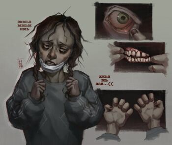 1girl bags_under_eyes bloodshot_eyes blue_eyes blue_sweater braid brown_hair claw_pose clenched_hand clenched_teeth eyelid_pull forced_smile hands_up highres mask mouth_mask no_i&#039;m_not_a_human original russian_text solo striped_clothes striped_sweater sweater teeth tomtit_bird translation_request twin_braids upper_body wide-eyed