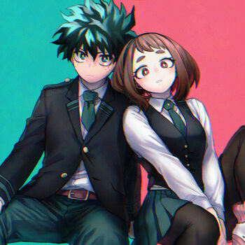 1boy 1girl belt black_jacket black_pantyhose black_vest boku_no_hero_academia breasts brown_belt brown_eyes brown_hair closed_mouth collared_shirt freckles green_background green_eyes green_hair green_necktie green_pants green_skirt hk_(nt) jacket leaning_on_person medium_breasts medium_hair midoriya_izuku necktie pants pantyhose parted_lips pink_background shirt shoes short_hair skirt sneakers suit_jacket thick_eyebrows uraraka_ochako v_arms vest white_shirt white_shoes