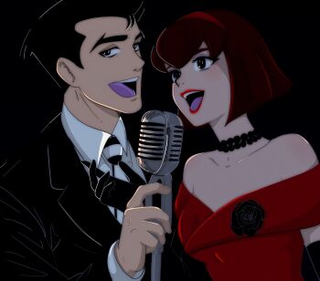 1boy 1girl bare_shoulders black_background black_eyes black_gloves black_robe brown_hair choker collarbone collared_shirt colored_tongue commentary dress elbow_gloves english_commentary eyelashes fingernails gloves hairband highres megadeus_mommy microphone_stand music necktie open_mouth purple_tongue r_dorothy_wayneright red_dress red_hairband red_lips robe roger_smith shirt short_hair singing striped_clothes the_big_o vertical-striped_clothes vertical-striped_necktie white_shirt