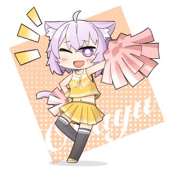 1girl ahoge alternate_costume and_takashi animal_ear_fluff animal_ears black_thighhighs blush bright_pupils cat_ears cat_girl cat_tail cheerleader chibi chibi_only commentary full_body halftone halftone_background hand_on_own_hip highres hololive looking_at_viewer midriff navel nekomata_okayu notice_lines one_eye_closed open_mouth orange_background pleated_skirt pom_pom_(cheerleading) purple_eyes purple_hair shirt shoes short_hair skirt sleeveless smile solo tail thighhighs virtual_youtuber white_pupils yellow_shirt yellow_shoes yellow_skirt zettai_ryouiki