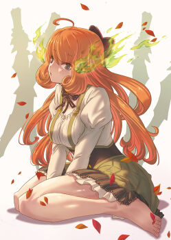 1girl ahoge barefoot between_legs black_bow black_neckerchief bow commentary_request dress falling_petals feet fire freckles green_skirt hair_bow hand_between_legs long_sleeves looking_at_viewer medium_dress moai_(moai_world) multiple_swords neckerchief orange_hair penny_polendina petals rwby shirt silhouette sitting skirt suspender_skirt suspenders toenails wariza white_shirt