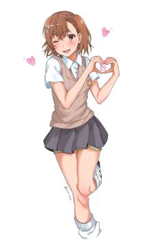 Rule 34 | 1girl, ;d, asymmetrical bangs, brown eyes, brown hair, brown sweater vest, collared shirt, commentary request, crossed bangs, grey skirt, hair between eyes, hair ornament, hairpin, heart, heart hands, highres, loafers, loose socks, miniskirt, misaka mikoto, one eye closed, open mouth, pleated skirt, school emblem, school uniform, shirt, shoes, short hair, short sleeves, shorts, shorts under skirt, sioo 1029, skirt, smile, socks, solo, standing, standing on one leg, summer uniform, sweater vest, toaru kagaku no railgun, toaru majutsu no index, tokiwadai school uniform, twitter username, v-neck, white background, white shirt, white socks