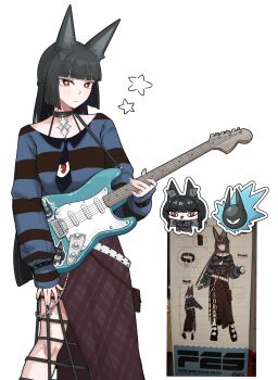 1girl alternate_costume animal_ear_fluff animal_ears black_choker black_hair black_shirt blue_shirt brown_bag brown_skirt chibi choker closed_mouth collarbone commentary_request cowboy_shot electric_guitar fox_ears fox_girl guitar highres holding holding_guitar holding_instrument hoshimi_miyabi instrument kurokoi_art long_hair red_eyes reference_inset shirt simple_background skirt solo star_(symbol) striped_clothes striped_shirt tailless_(zenless_zone_zero) two-tone_shirt white_background zenless_zone_zero
