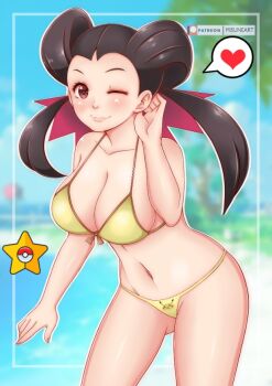1girl beach bikini black_hair blush bow bow_bikini breasts brown_bow brown_eyes character_print cleavage cloud collarbone gen_1_pokemon hair_ribbon heart large_breasts long_hair looking_at_viewer misune_art navel nintendo ocean one_eye_closed palm_tree pikachu pink_ribbon poke_ball_symbol pokemon pokemon_rse print_bikini ribbon roxanne_(pokemon) sand sky smile speech_bubble spoken_heart standing star_(symbol) swimsuit tree twintails water wink yellow_bikini