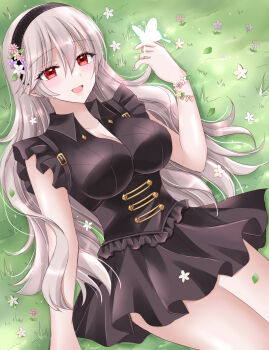 Rule 34 | 1girl, :d, alternate costume, animal, animal on hand, black hairband, black shirt, black skirt, breasts, brown hair, bug, butterfly, cleavage, collared shirt, commentary request, female corrin (fire emblem), fire emblem, fire emblem fates, flower, frills, hair between eyes, hairband, hand up, highres, insect, kirishima riona, large breasts, long hair, lying, nintendo, on back, on grass, open mouth, outdoors, pink flower, pleated skirt, purple flower, red eyes, shirt, skirt, smile, solo, thighs, very long hair, white flower